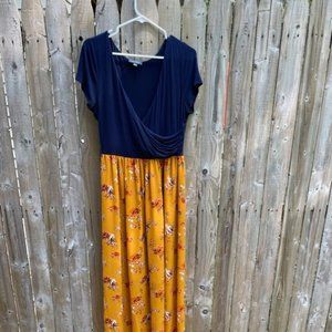 Modcloth maxi blue and floral empire waist dress (size L)